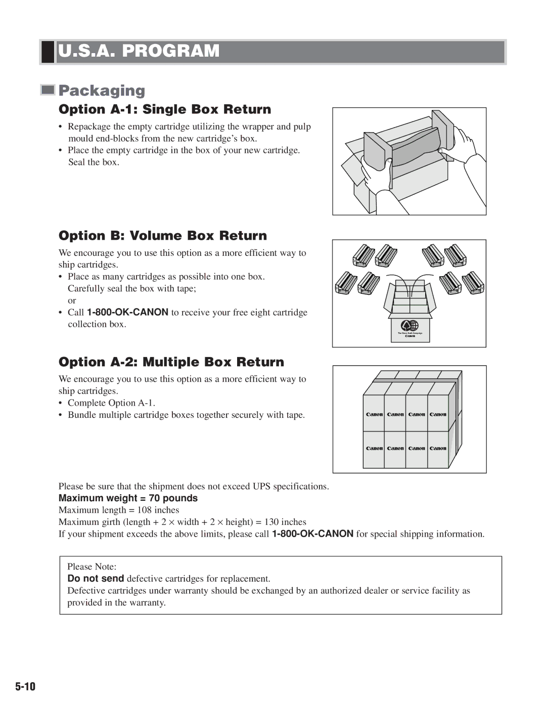 Canon D680, D661 manual Packaging, Option A-1 Single Box Return, Option B Volume Box Return, Option A-2 Multiple Box Return 