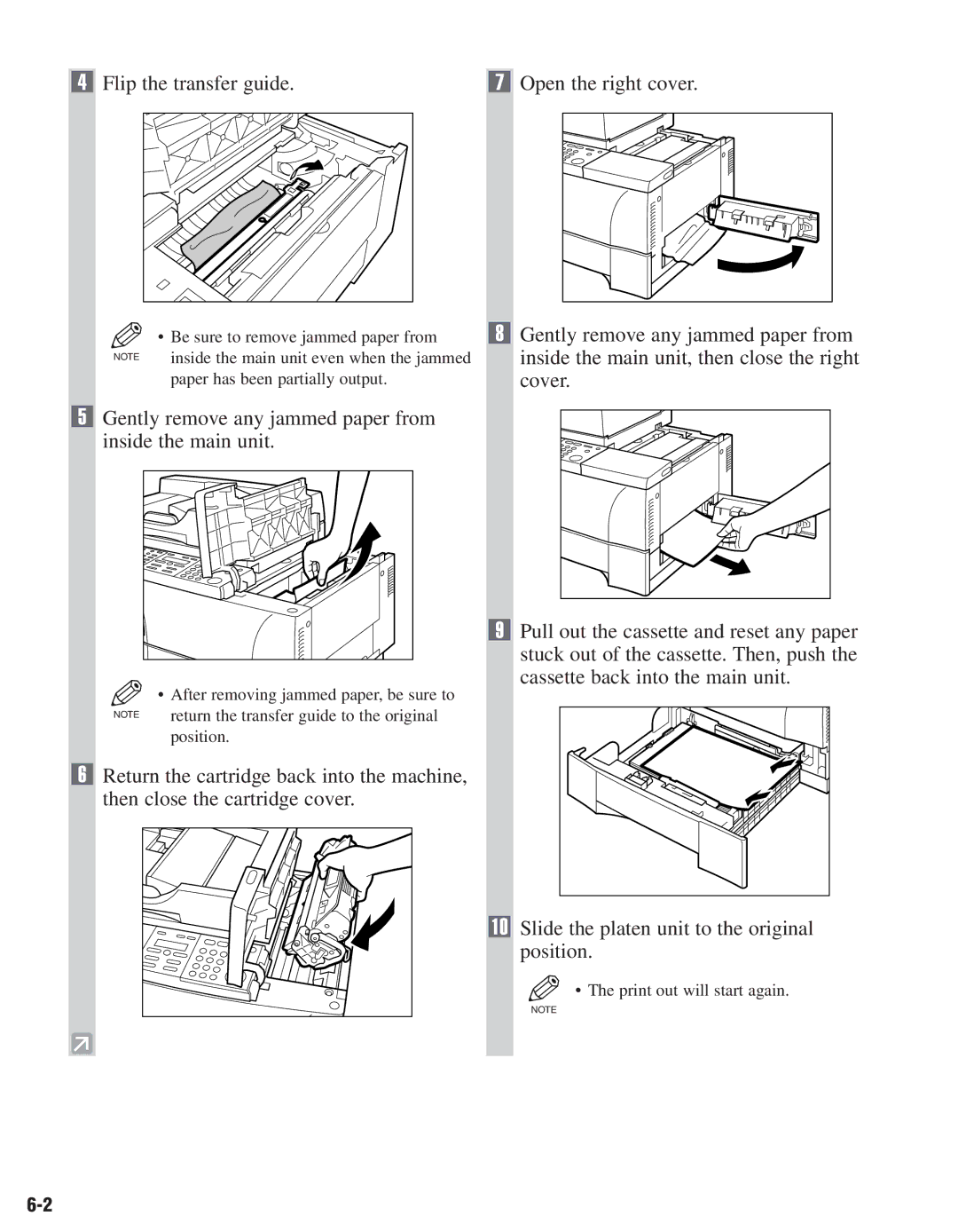 Canon D680, D661 Flip the transfer guide Open the right cover, Gently remove any jammed paper from inside the main unit 