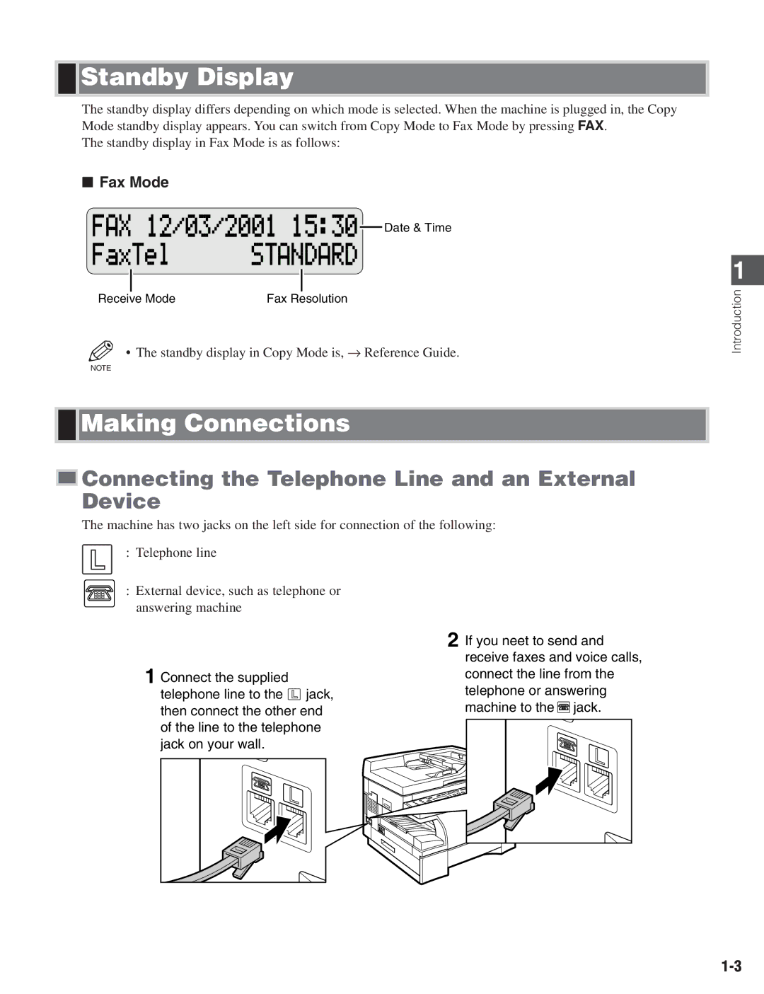 Canon D680 manual Standby Display, Making Connections, Connecting the Telephone Line and an External Device 