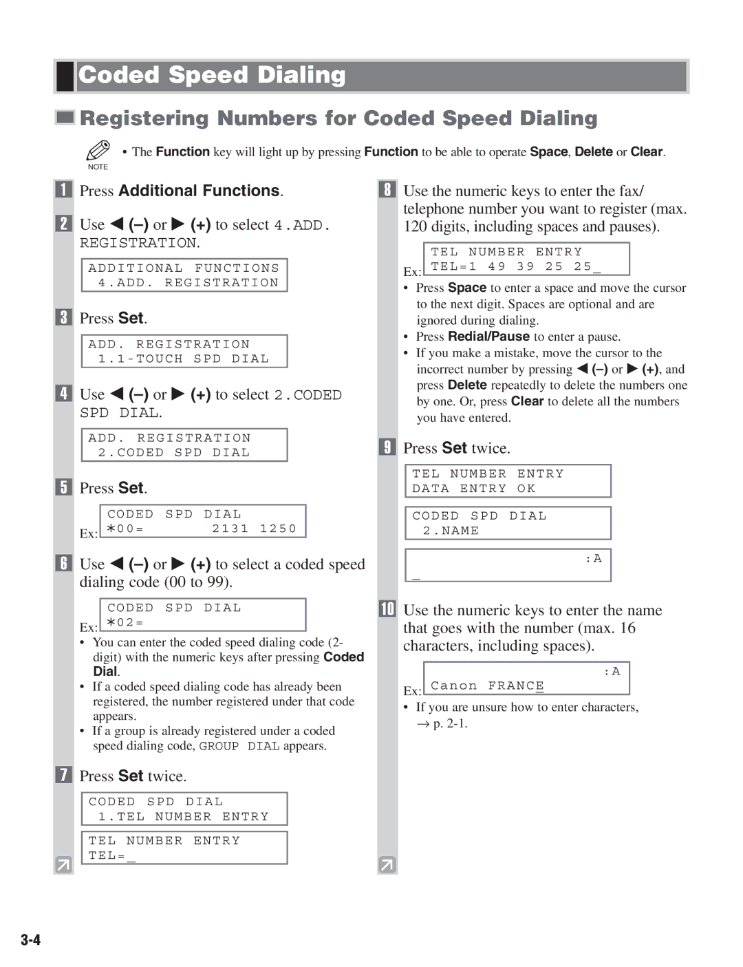 Canon D680 manual Registering Numbers for Coded Speed Dialing, Use 4 -or e + to select 2.CODED 