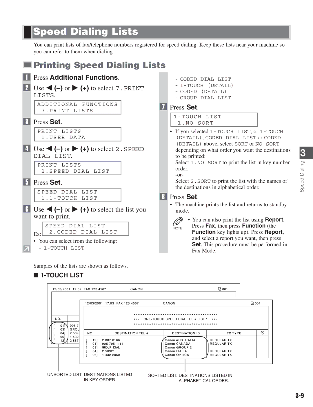 Canon D680 manual Printing Speed Dialing Lists, Use 4 -or e + to select 2.SPEED 