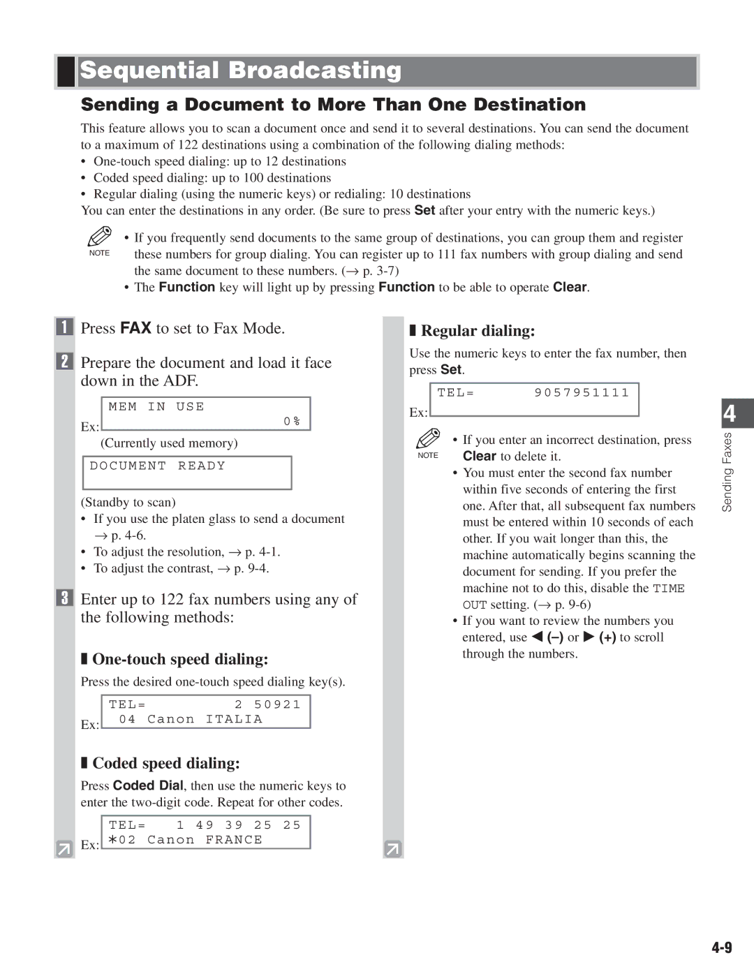 Canon D680 manual Sequential Broadcasting, Sending a Document to More Than One Destination, One-touch speed dialing 