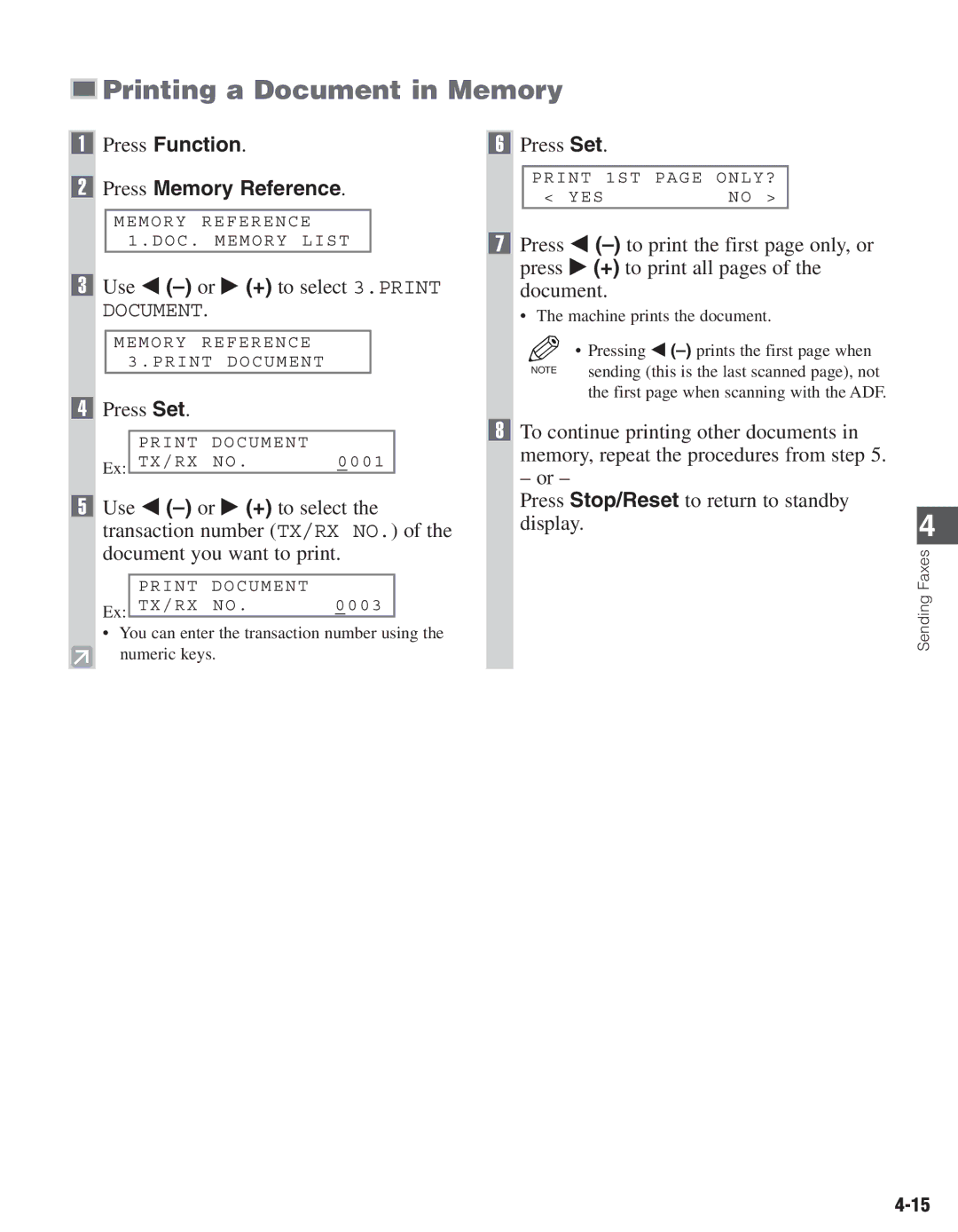 Canon D680 manual Printing a Document in Memory, Use 4 -or e + to select 3.PRINT 