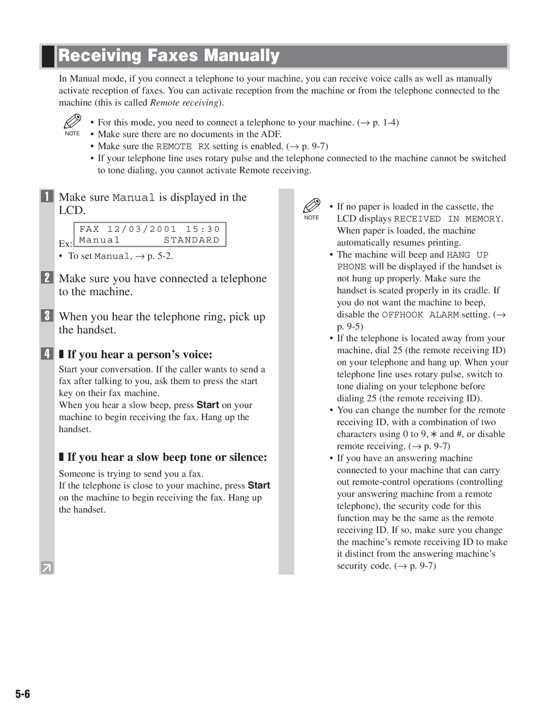 Canon D680 manual Receiving Faxes Manually, If you hear a person’s voice, If you hear a slow beep tone or silence 