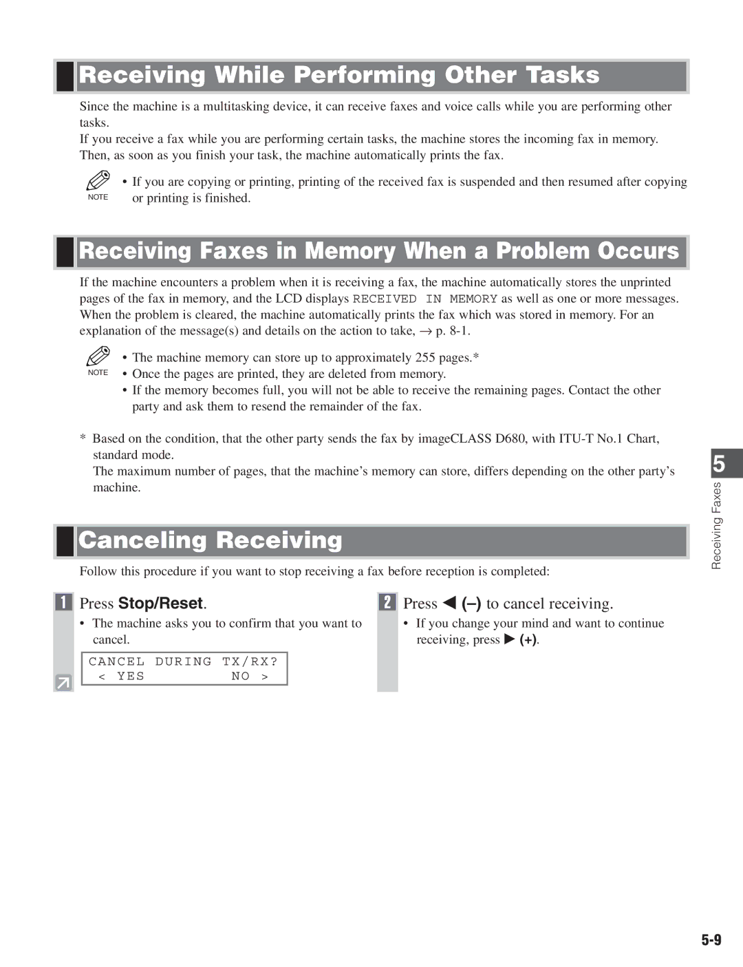 Canon D680 Receiving While Performing Other Tasks, Receiving Faxes in Memory When a Problem Occurs, Canceling Receiving 