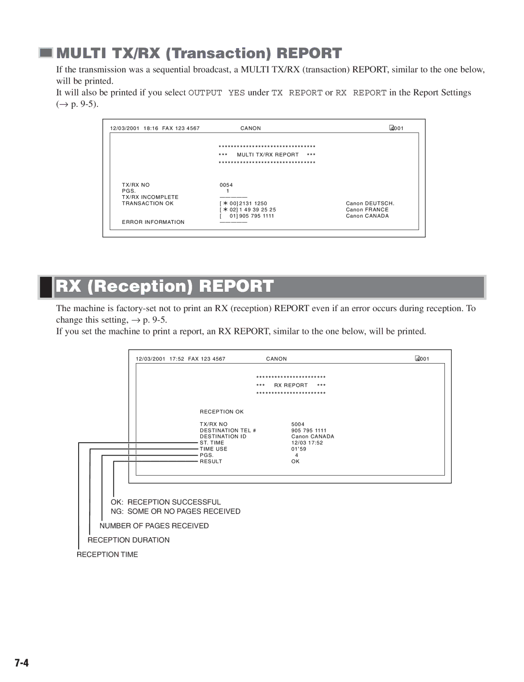 Canon D680 manual RX Reception Report, Multi TX/RX Transaction Report 