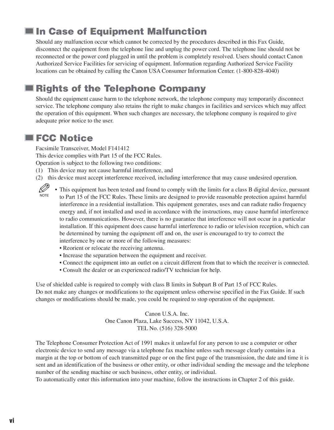 Canon D680 manual Case of Equipment Malfunction, Rights of the Telephone Company, FCC Notice 