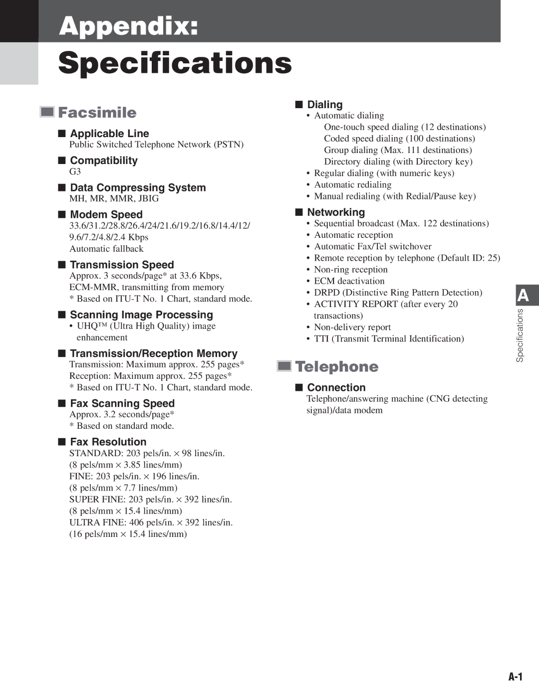 Canon D680 manual Specifications, Facsimile, Telephone 