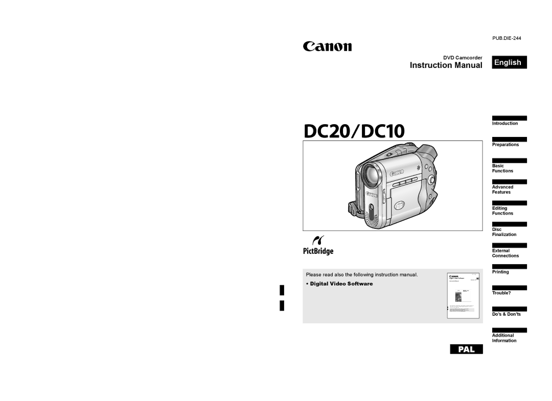 Canon DC 20, DC 10 instruction manual DVD Camcorder, Digital Video Software 