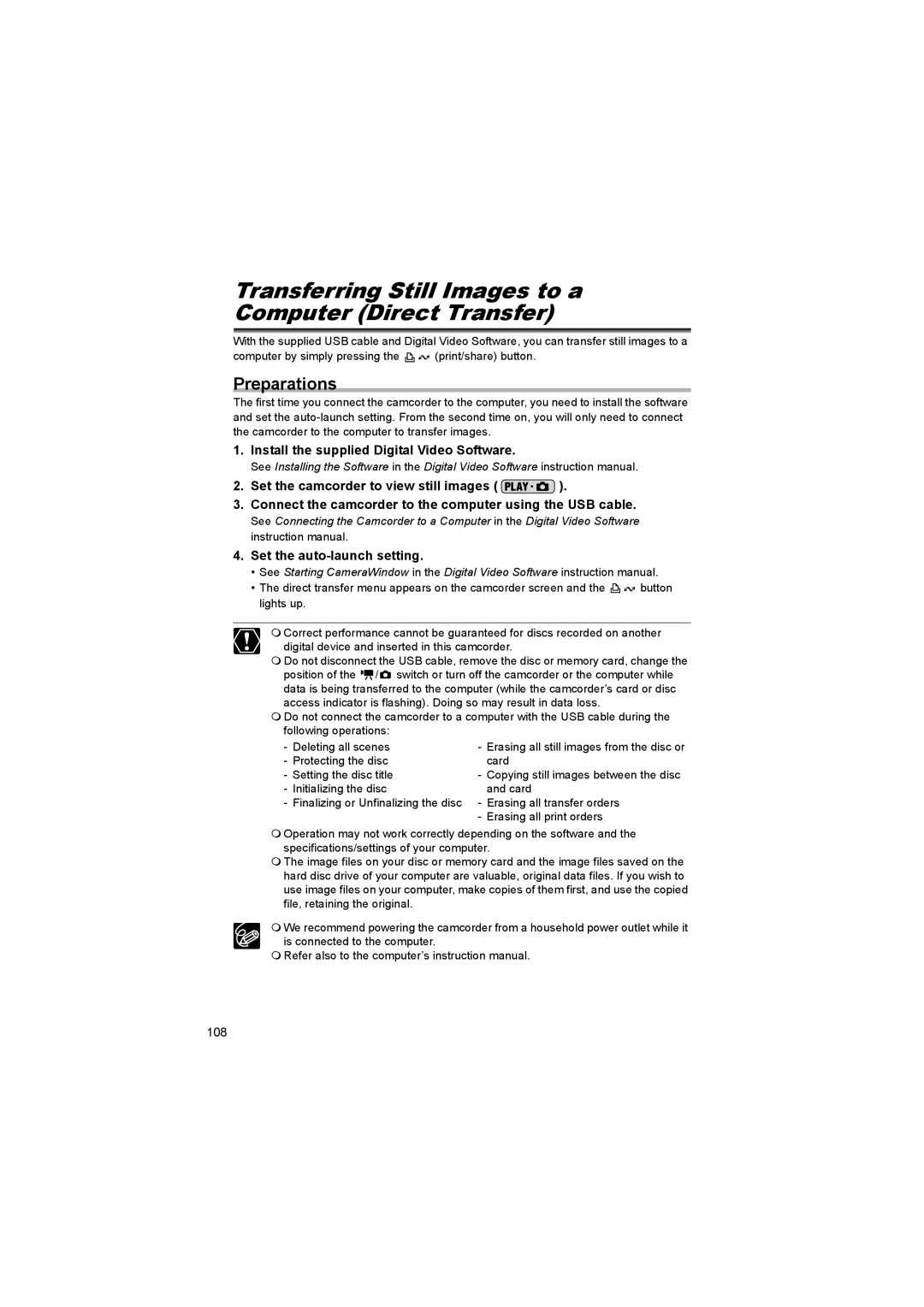 Canon DC 10, DC 20 instruction manual Transferring Still Images to a Computer Direct Transfer, Preparations 