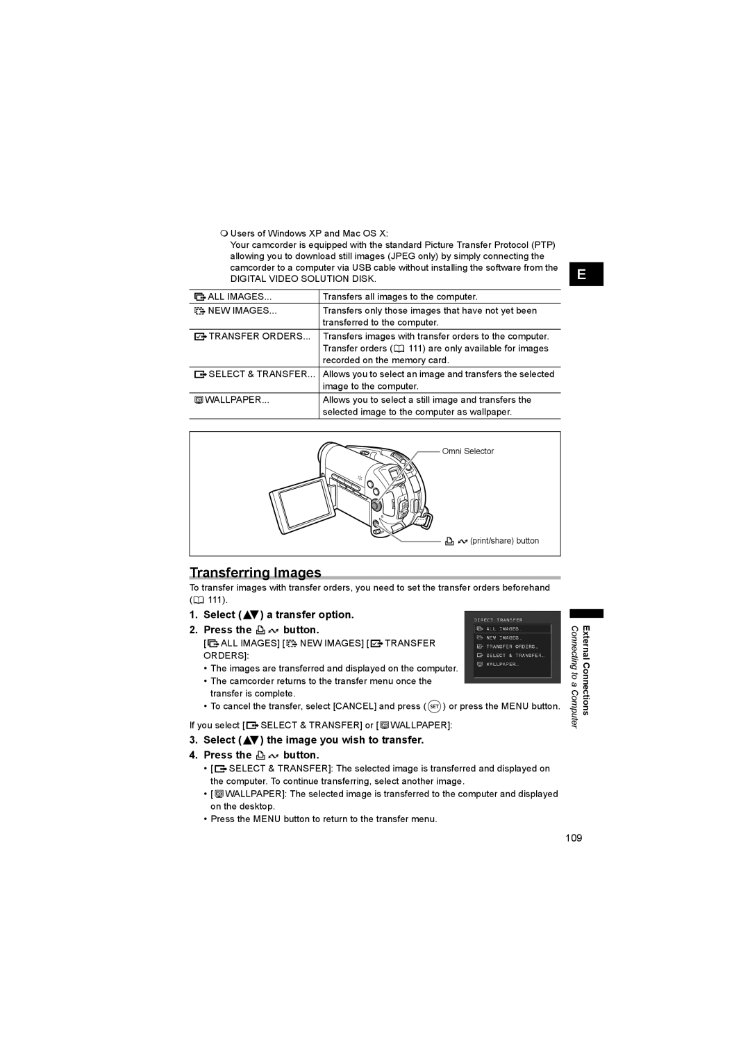 Canon DC 20, DC 10 instruction manual Transferring Images, Select a transfer option Press the button 