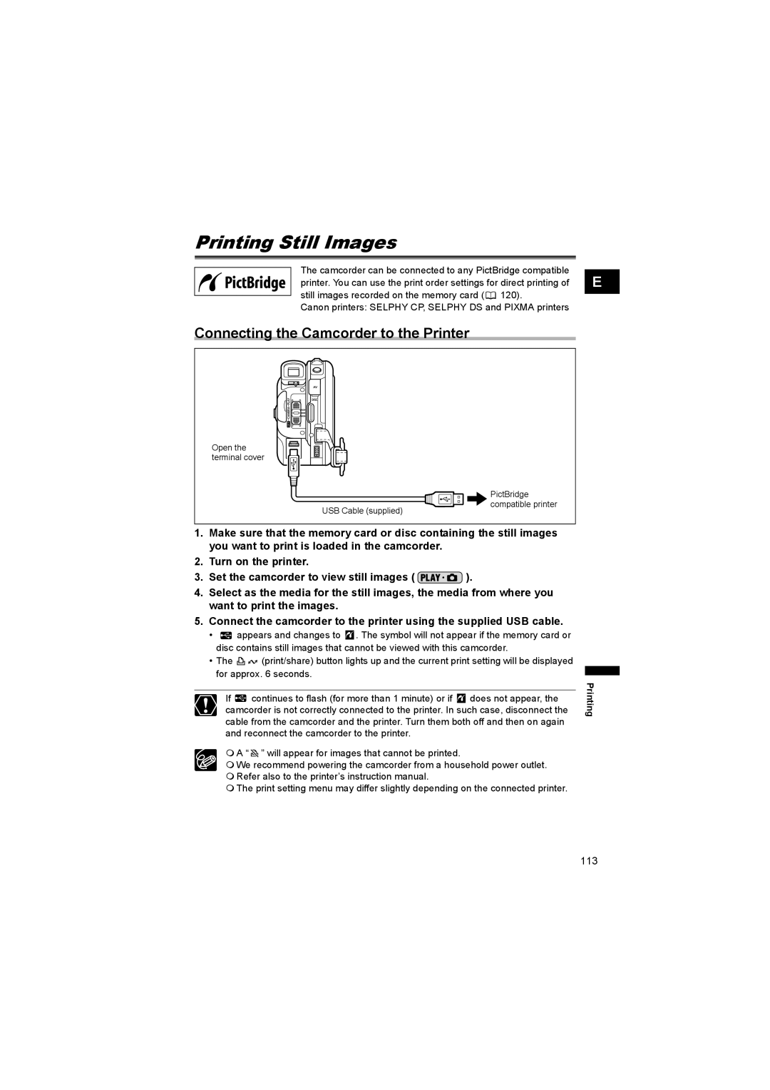 Canon DC 20, DC 10 instruction manual Printing Still Images, Connecting the Camcorder to the Printer 