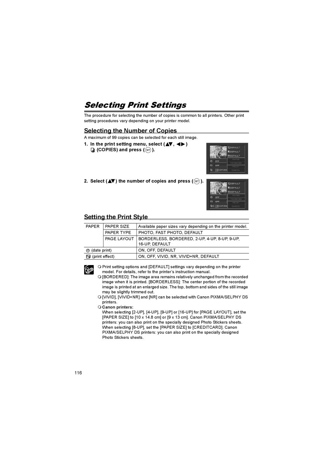 Canon DC 10, DC 20 Selecting Print Settings, Selecting the Number of Copies, Setting the Print Style,  Canon printers 