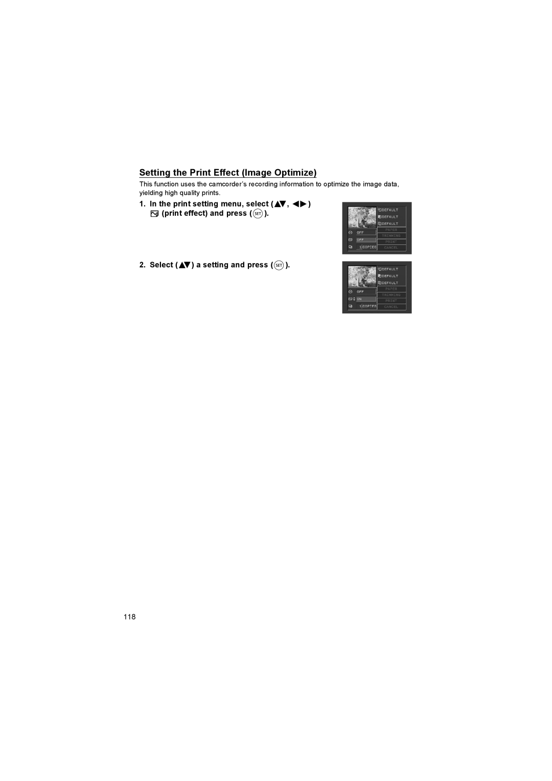 Canon DC 10, DC 20 instruction manual Setting the Print Effect Image Optimize 