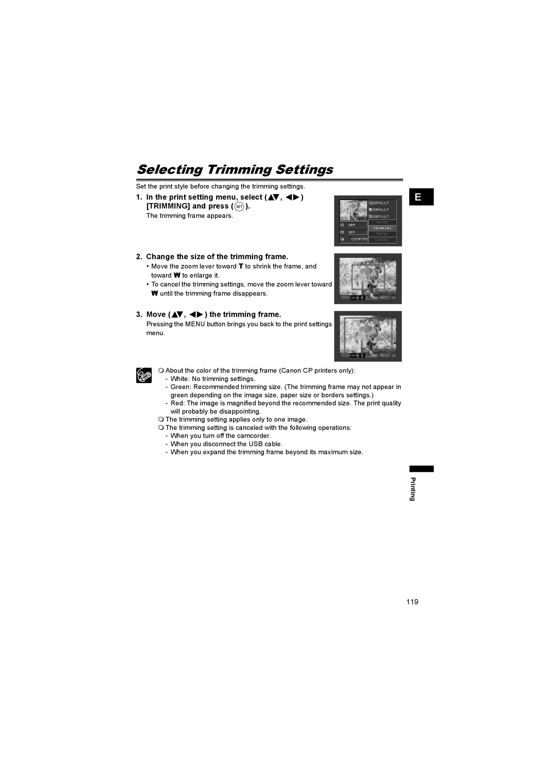 Canon DC 20, DC 10 Selecting Trimming Settings, Print setting menu, select , Trimming and press, Move , the trimming frame 