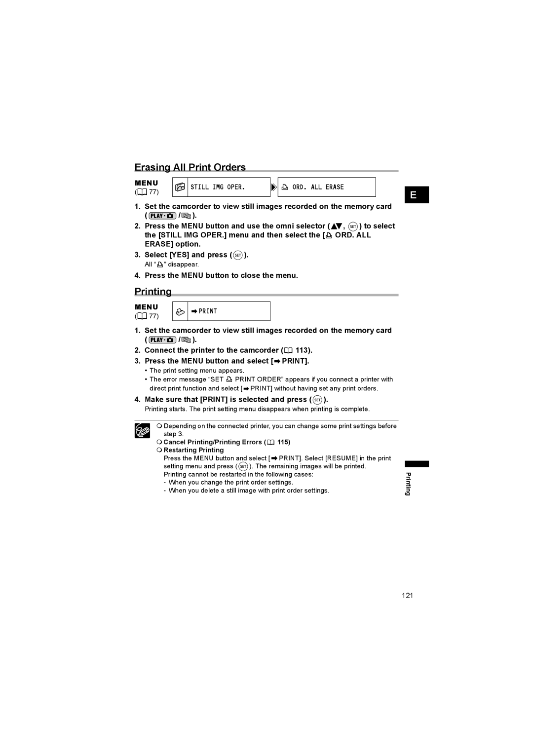 Canon DC 20, DC 10 instruction manual Erasing All Print Orders, Printing, Menu, Make sure that Print is selected and press 