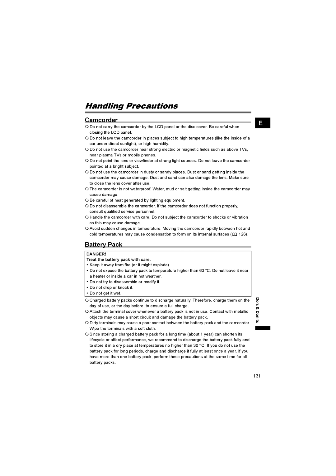 Canon DC 20, DC 10 instruction manual Handling Precautions, Camcorder, Battery Pack, Treat the battery pack with care 