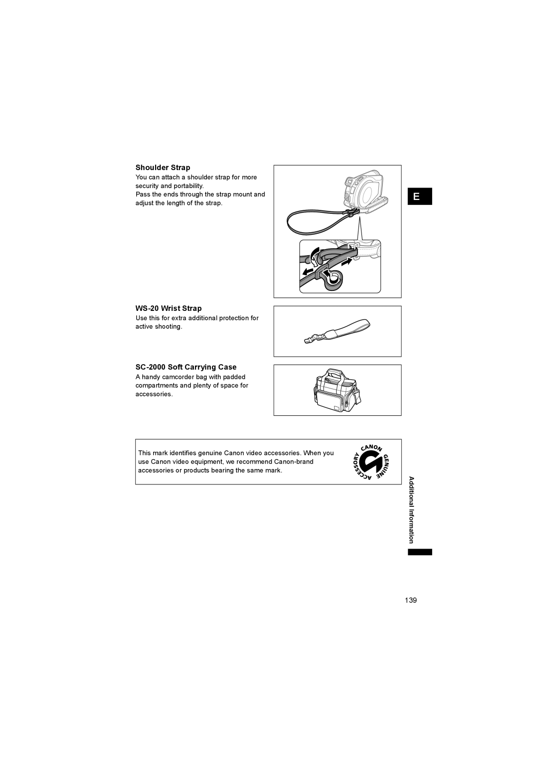 Canon DC 20, DC 10 instruction manual Shoulder Strap, WS-20 Wrist Strap, SC-2000 Soft Carrying Case 