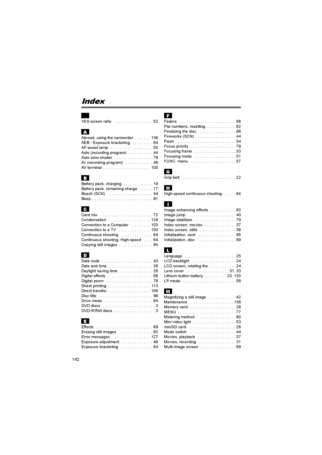 Canon DC 10, DC 20 instruction manual Index, Grip belt High-speed continuous shooting 