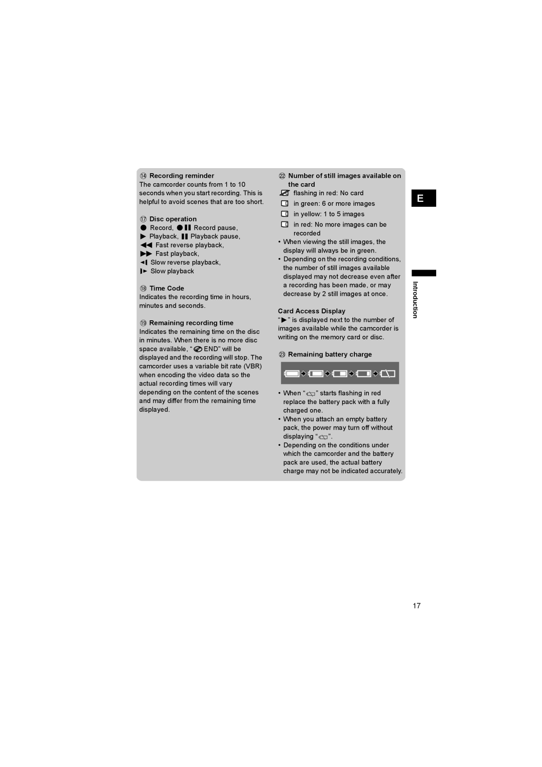 Canon DC 20, DC 10 Recording reminder, Disc operation, Time Code, Card Access Display, Remaining battery charge 