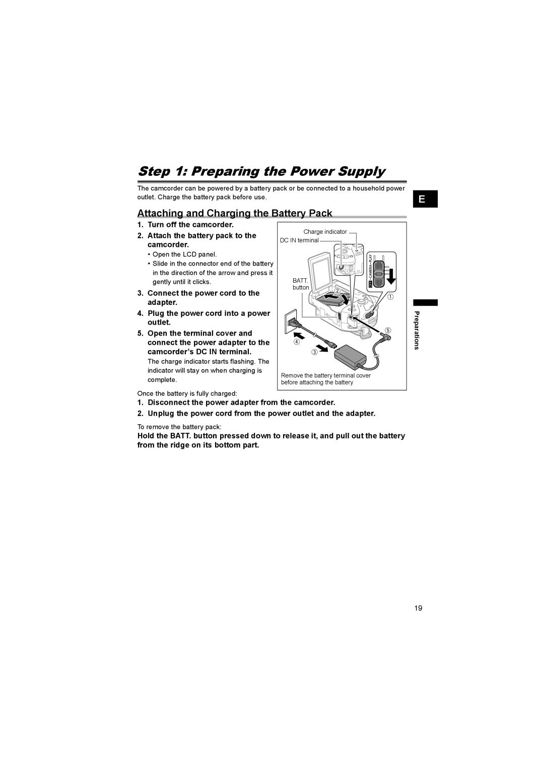 Canon DC 20, DC 10 Preparing the Power Supply, Attaching and Charging the Battery Pack, To remove the battery pack 