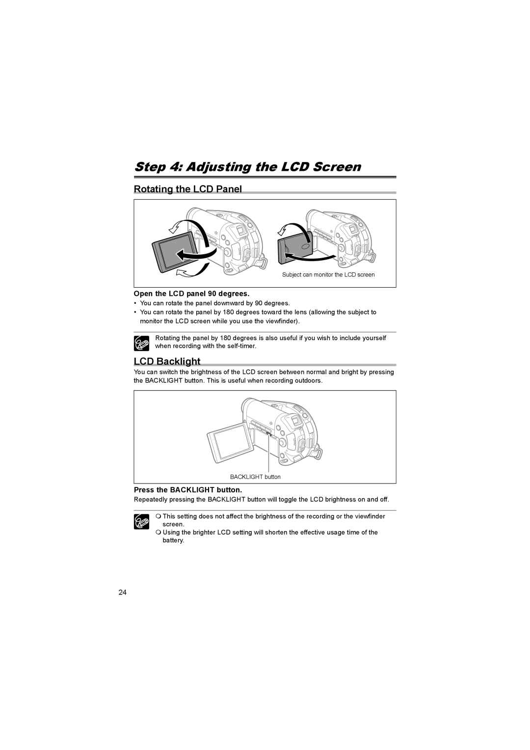 Canon DC 10, DC 20 Adjusting the LCD Screen, Rotating the LCD Panel, LCD Backlight, Open the LCD panel 90 degrees 