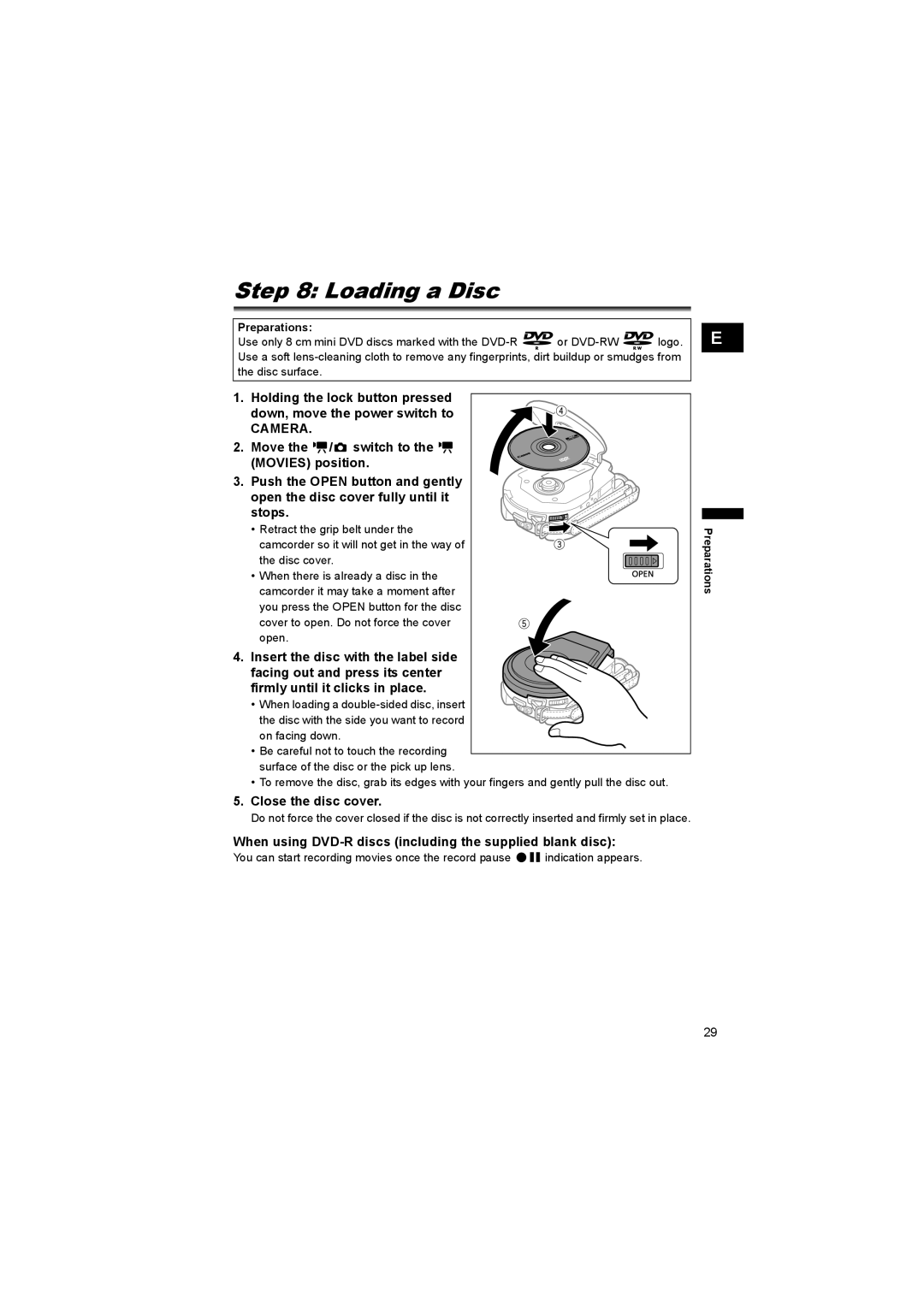 Canon DC 20, DC 10 Loading a Disc, Camera, Close the disc cover, When using DVD-R discs including the supplied blank disc 