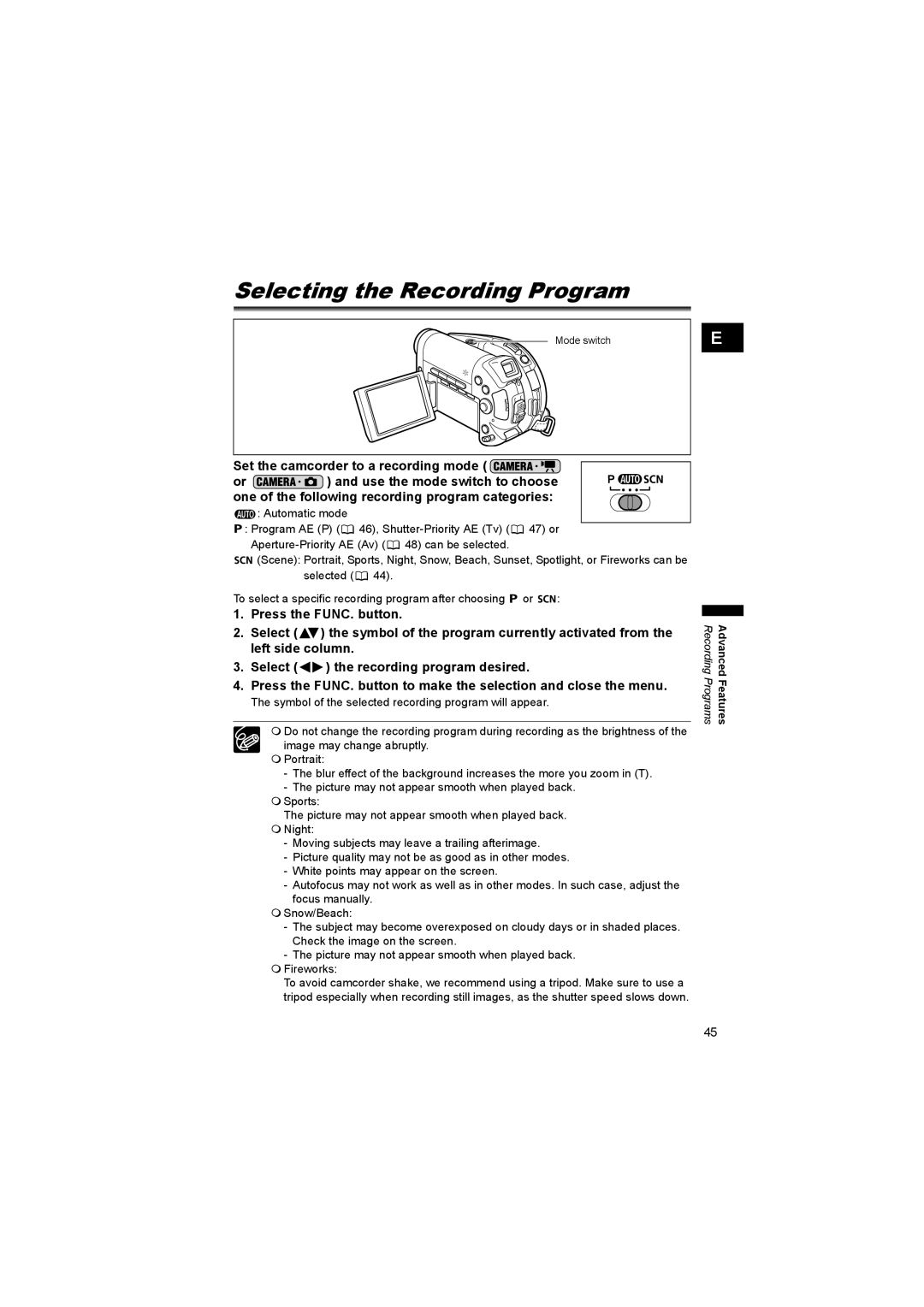 Canon DC 20, DC 10 instruction manual Selecting the Recording Program, Set the camcorder to a recording mode 