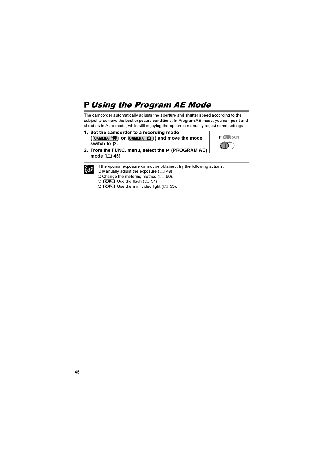 Canon DC 10, DC 20 instruction manual Using the Program AE Mode 