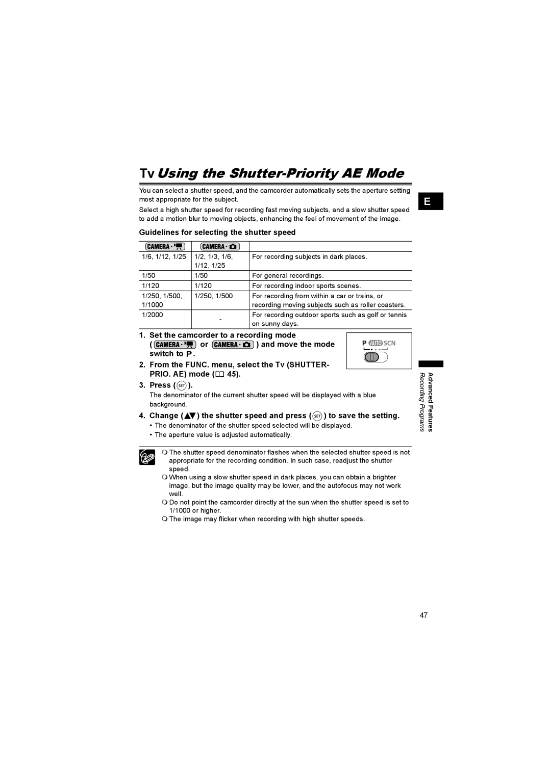 Canon DC 20, DC 10 instruction manual Using the Shutter-Priority AE Mode, Guidelines for selecting the shutter speed 