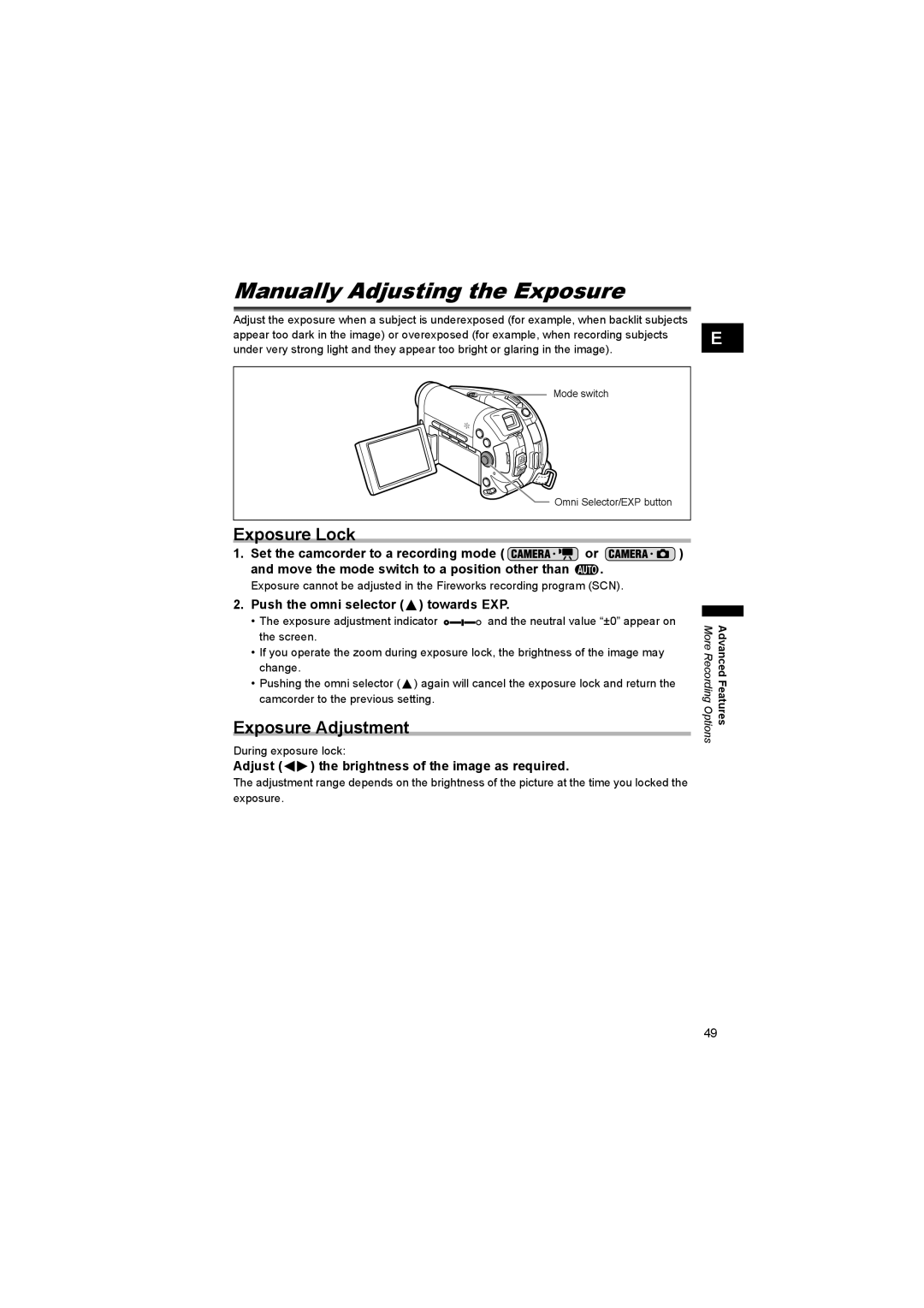 Canon DC 20, DC 10 Manually Adjusting the Exposure, Exposure Lock, Exposure Adjustment, Push the omni selector towards EXP 