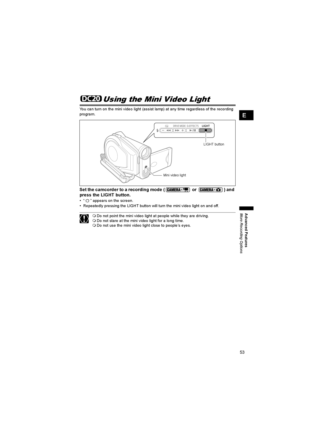 Canon DC 20, DC 10 instruction manual Using the Mini Video Light 