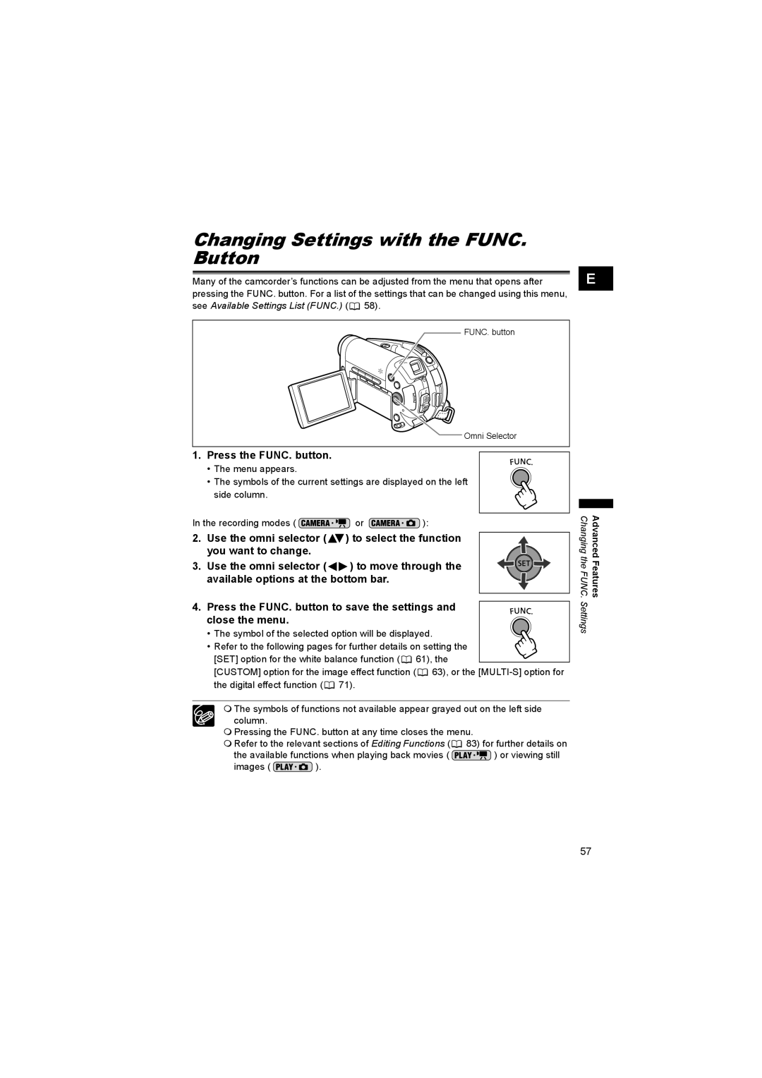 Canon DC 20, DC 10 instruction manual Changing Settings with the FUNC. Button, Press the FUNC. button 