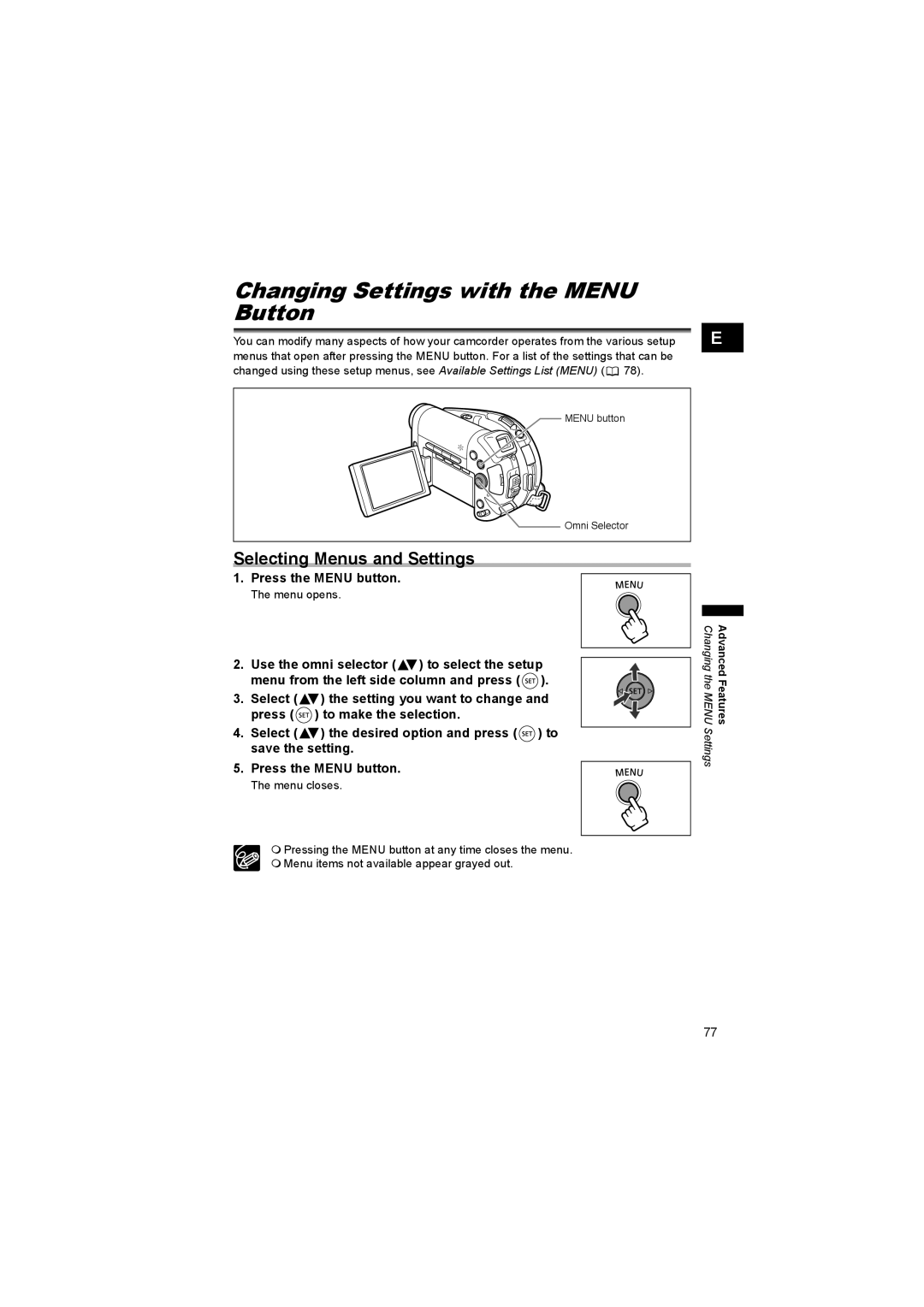 Canon DC 20, DC 10 instruction manual Changing Settings with the Menu Button, Selecting Menus and Settings, Menu opens 