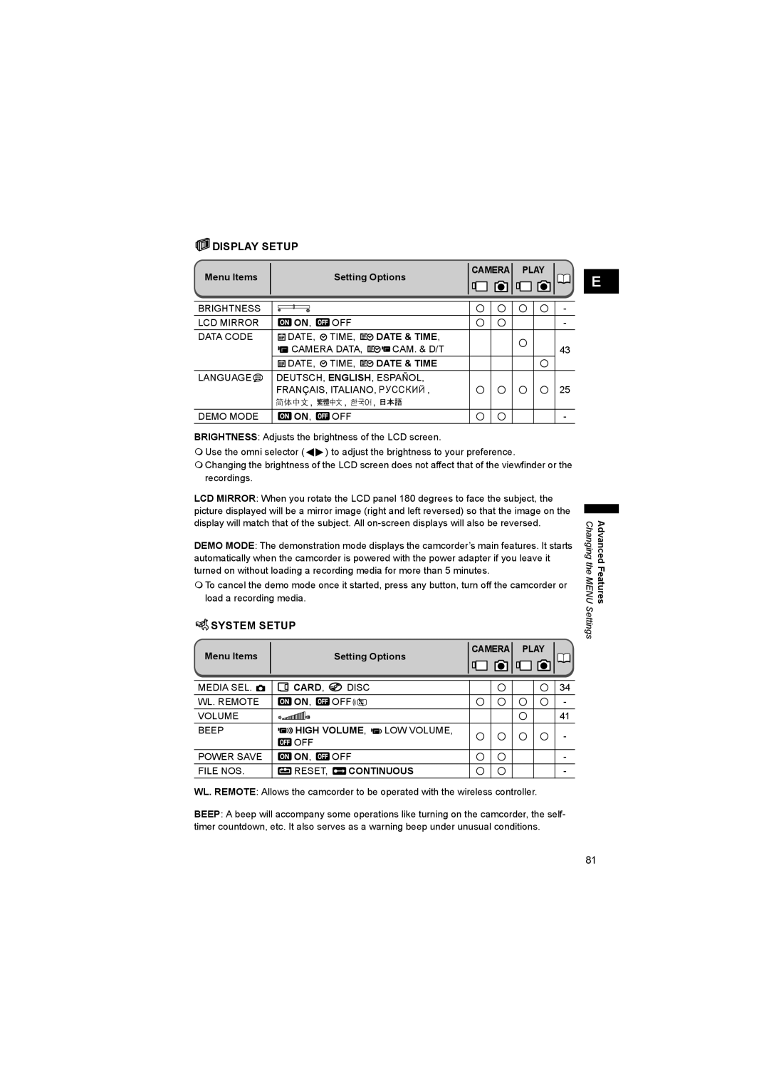 Canon DC 20, DC 10 instruction manual System Setup, Cam. & D/T 