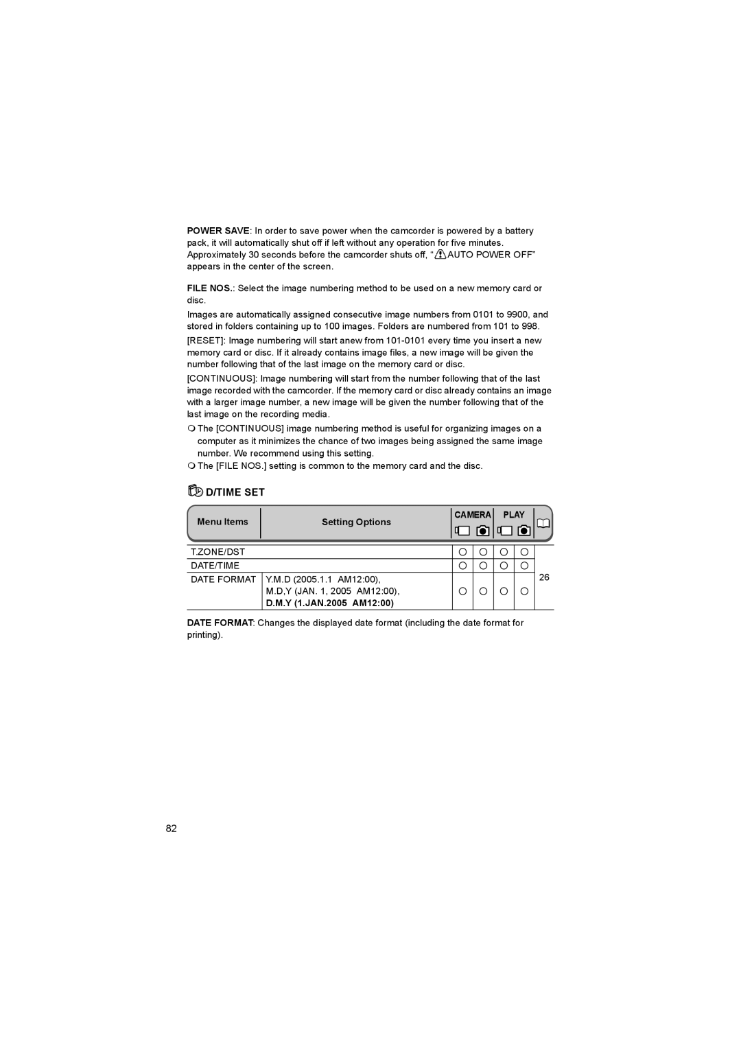 Canon DC 10, DC 20 Time SET, Menu Items, Date Format Y.M.D 2005.1.1 AM1200, M.D,Y JAN , 2005 AM1200, Y 1.JAN.2005 AM1200 