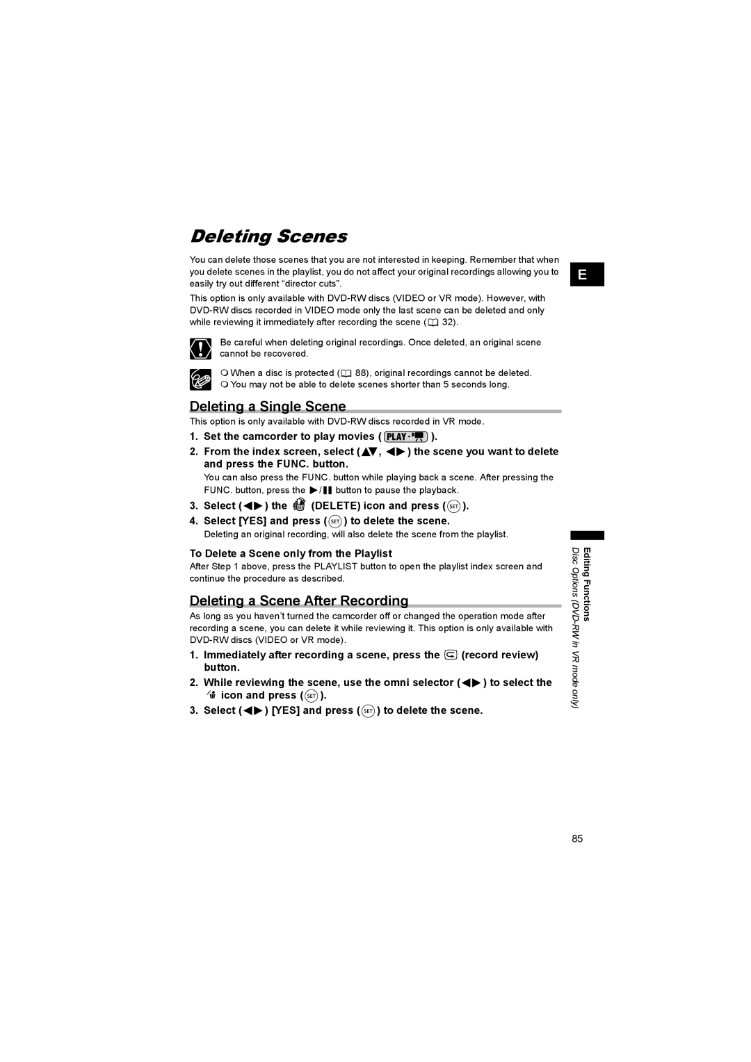 Canon DC 20, DC 10 instruction manual Deleting Scenes, Deleting a Single Scene, Deleting a Scene After Recording 