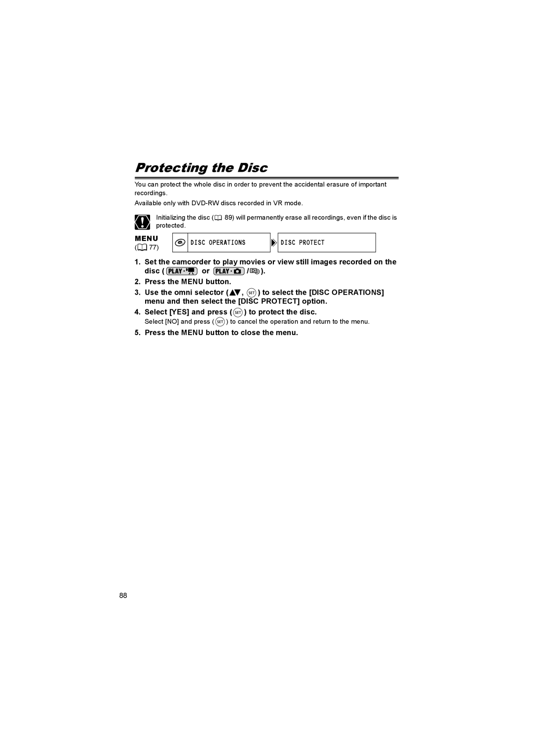 Canon DC 10, DC 20 instruction manual Protecting the Disc, Menu Disc Operations Disc Protect 