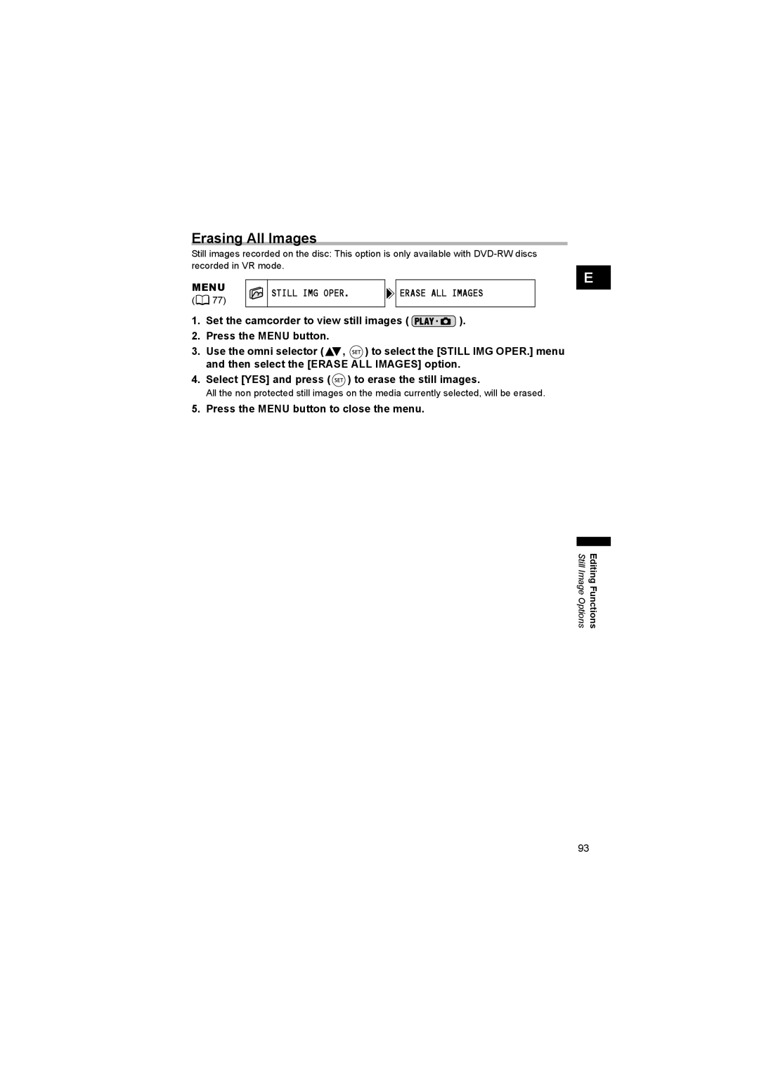 Canon DC 20, DC 10 instruction manual Erasing All Images, Menu Still IMG Oper 