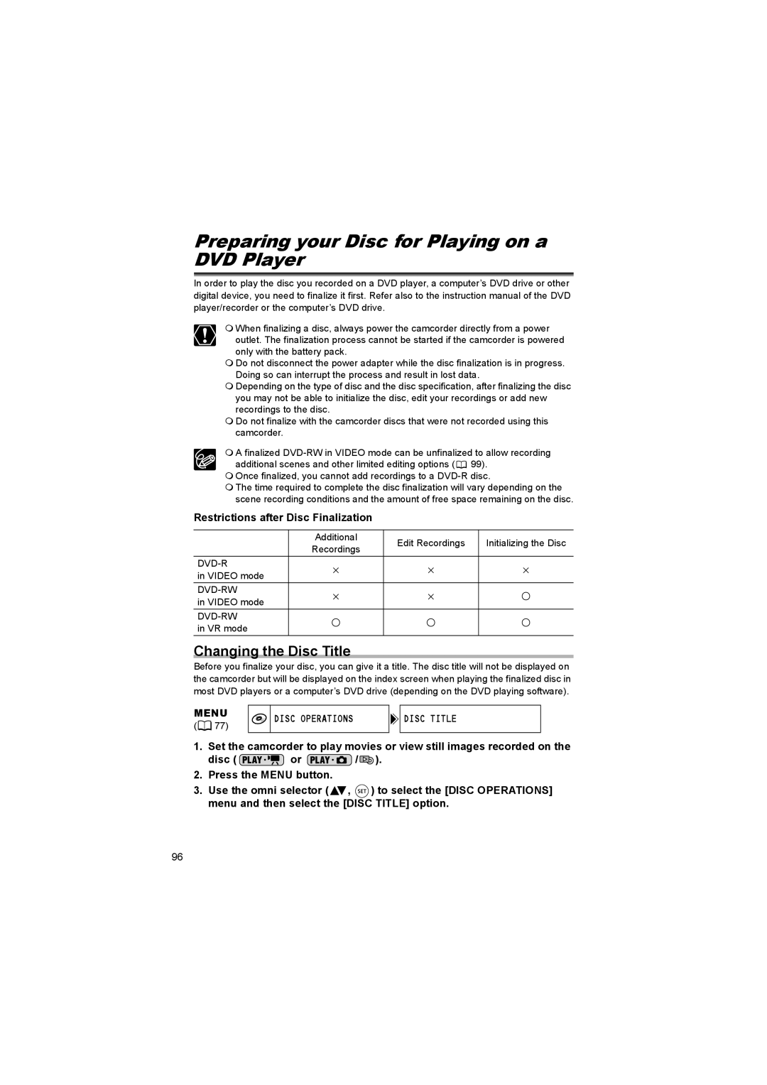 Canon DC 10 Preparing your Disc for Playing on a DVD Player, Changing the Disc Title, Restrictions after Disc Finalization 