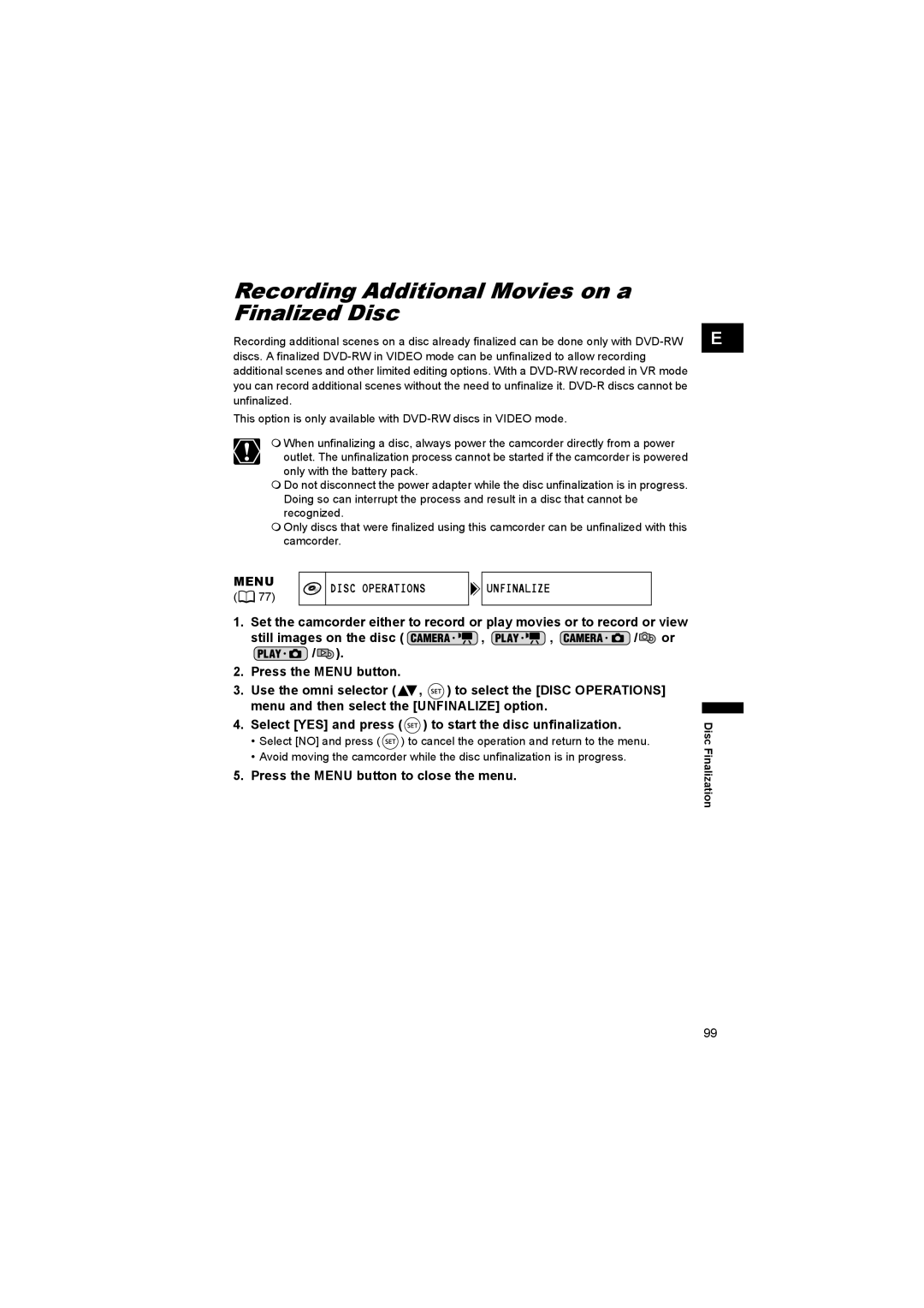 Canon DC 20, DC 10 instruction manual Recording Additional Movies on a Finalized Disc, Menu Disc Operations 