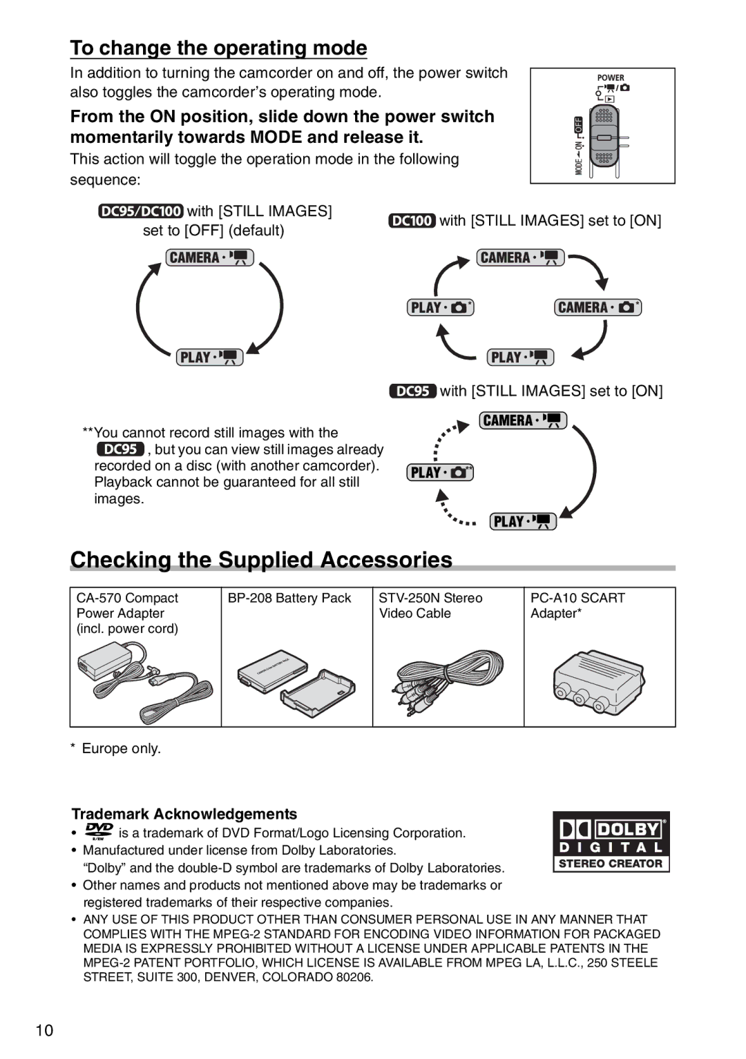 Canon DC 100 instruction manual Checking the Supplied Accessories, To change the operating mode, Trademark Acknowledgements 