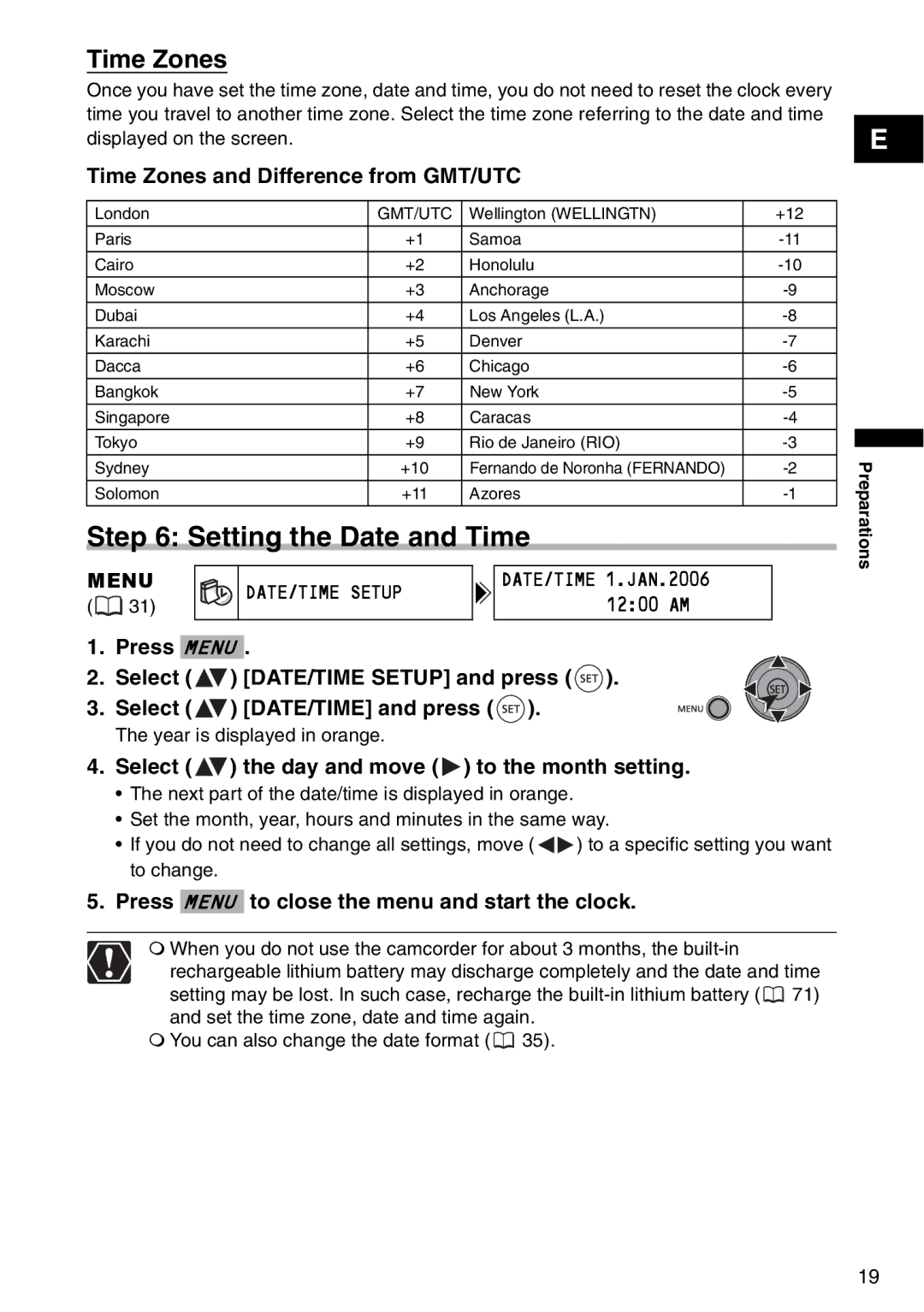 Canon DC 100 instruction manual Setting the Date and Time, Time Zones, Menu DATE/TIME Setup 