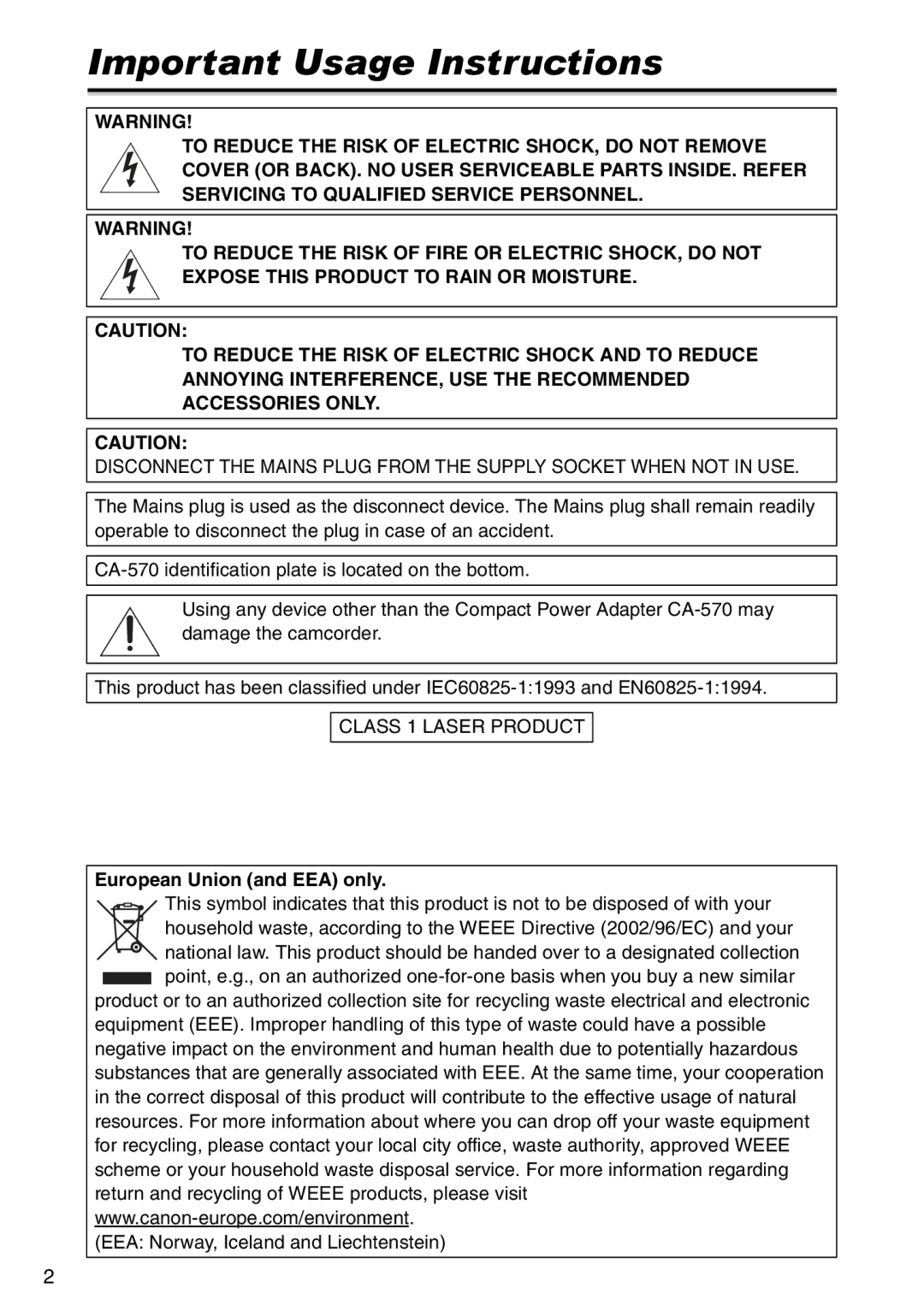 Canon DC 100 instruction manual Important Usage Instructions, Class 1 Laser Product, European Union and EEA only 