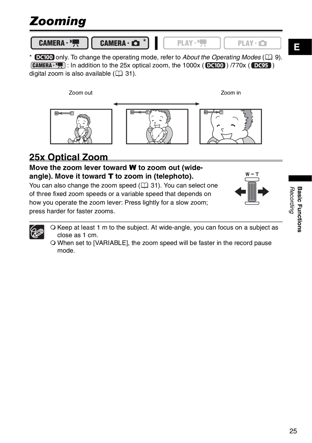 Canon DC 100 instruction manual Zooming, 25x Optical Zoom 