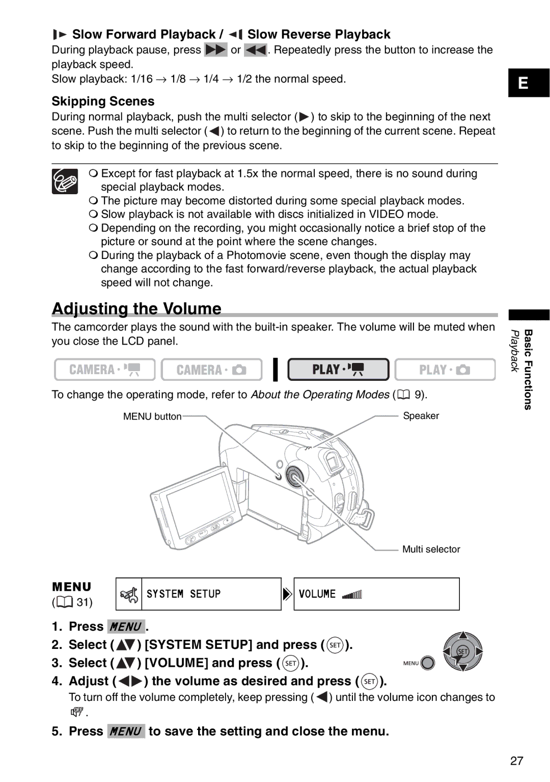 Canon DC 100 Adjusting the Volume, Slow Forward Playback / Slow Reverse Playback, Skipping Scenes, Menu System Setup 