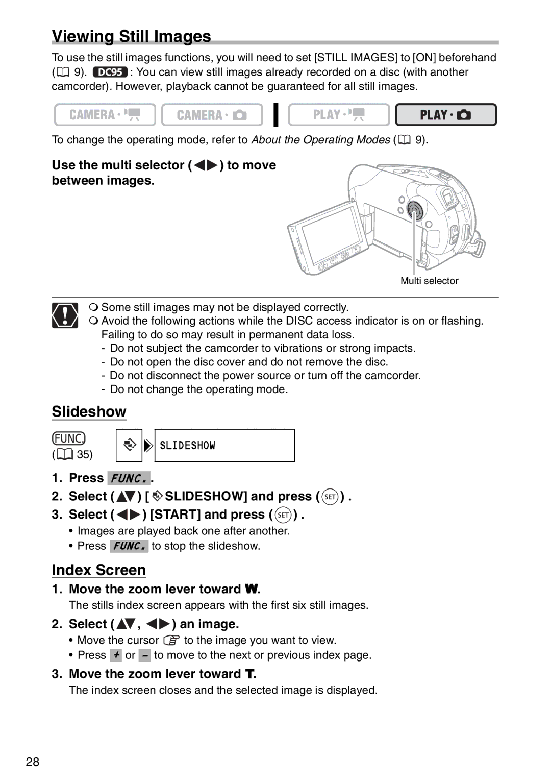 Canon DC 100 instruction manual Viewing Still Images, Slideshow, Index Screen 