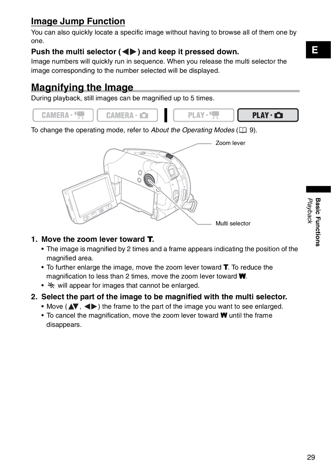 Canon DC 100 instruction manual Magnifying the Image, Image Jump Function, Push the multi selector and keep it pressed down 