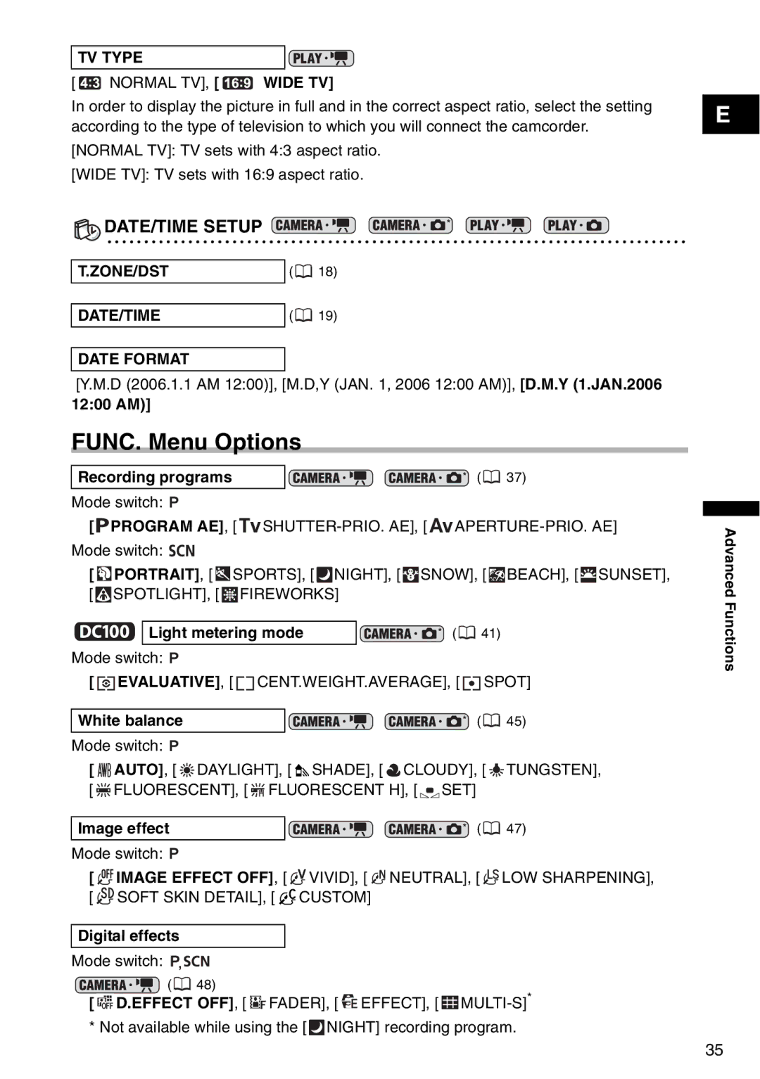 Canon DC 100 instruction manual FUNC. Menu Options, TV Type, ZONE/DST DATE/TIME Date Format 