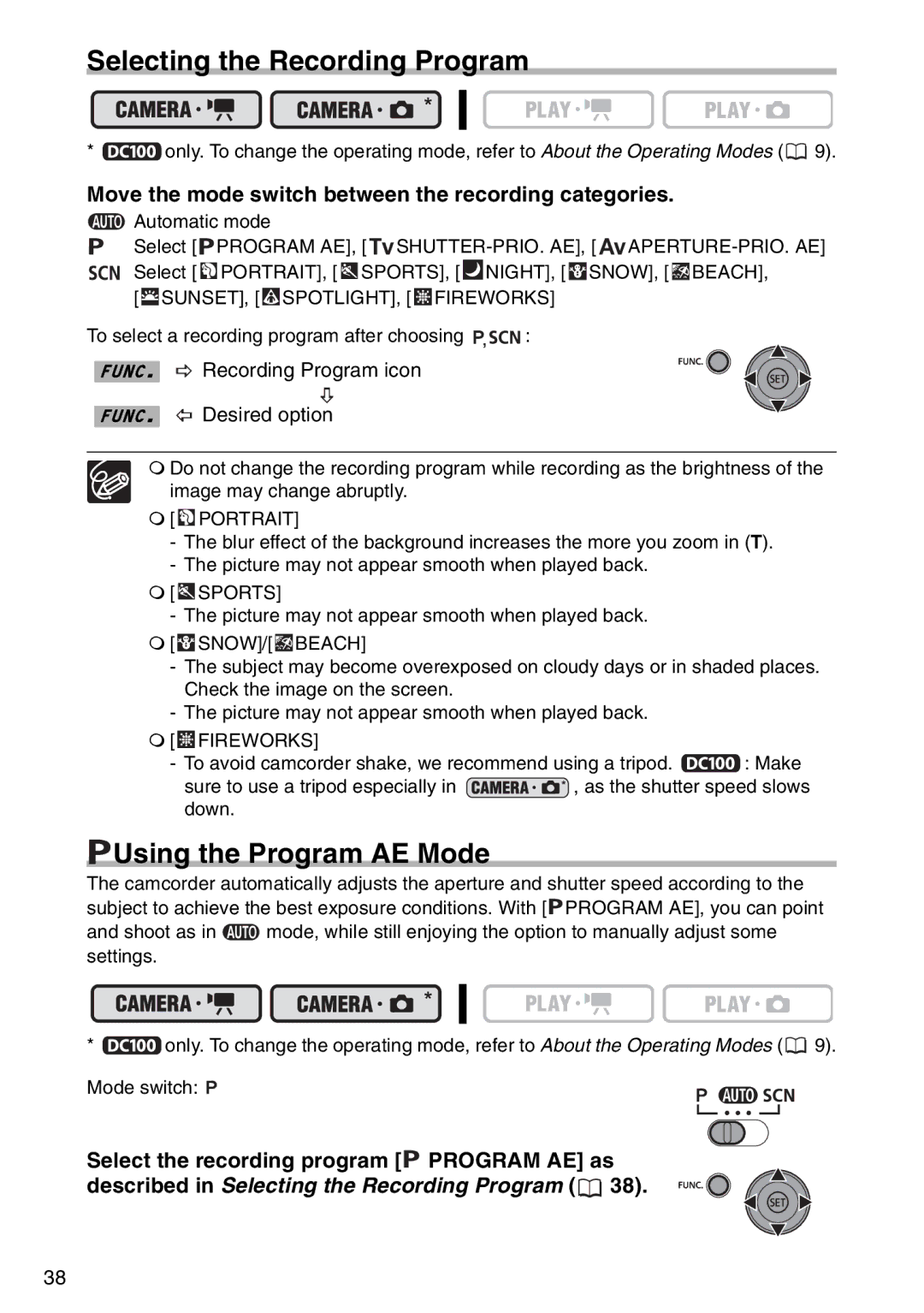 Canon DC 100 instruction manual Selecting the Recording Program, Using the Program AE Mode 